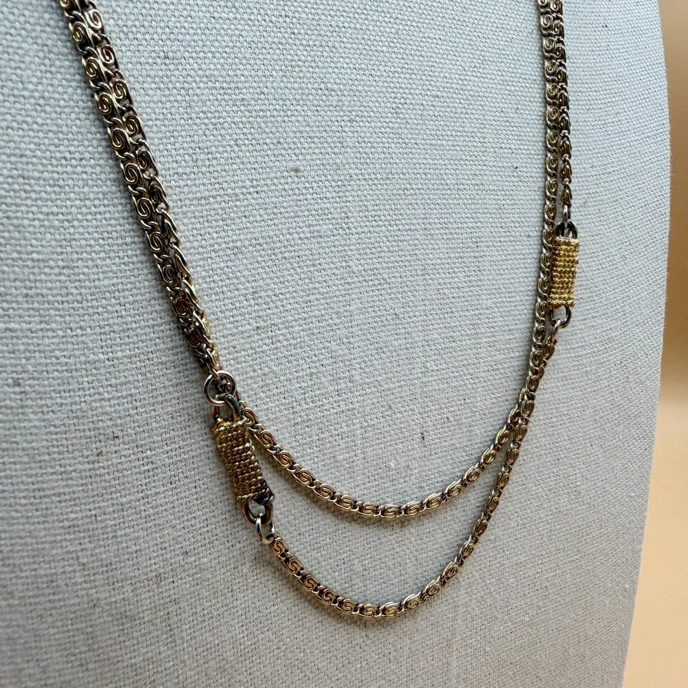 Two Tone Silver & Gold Tone Double Strand Byzantine Chain Necklace Statement